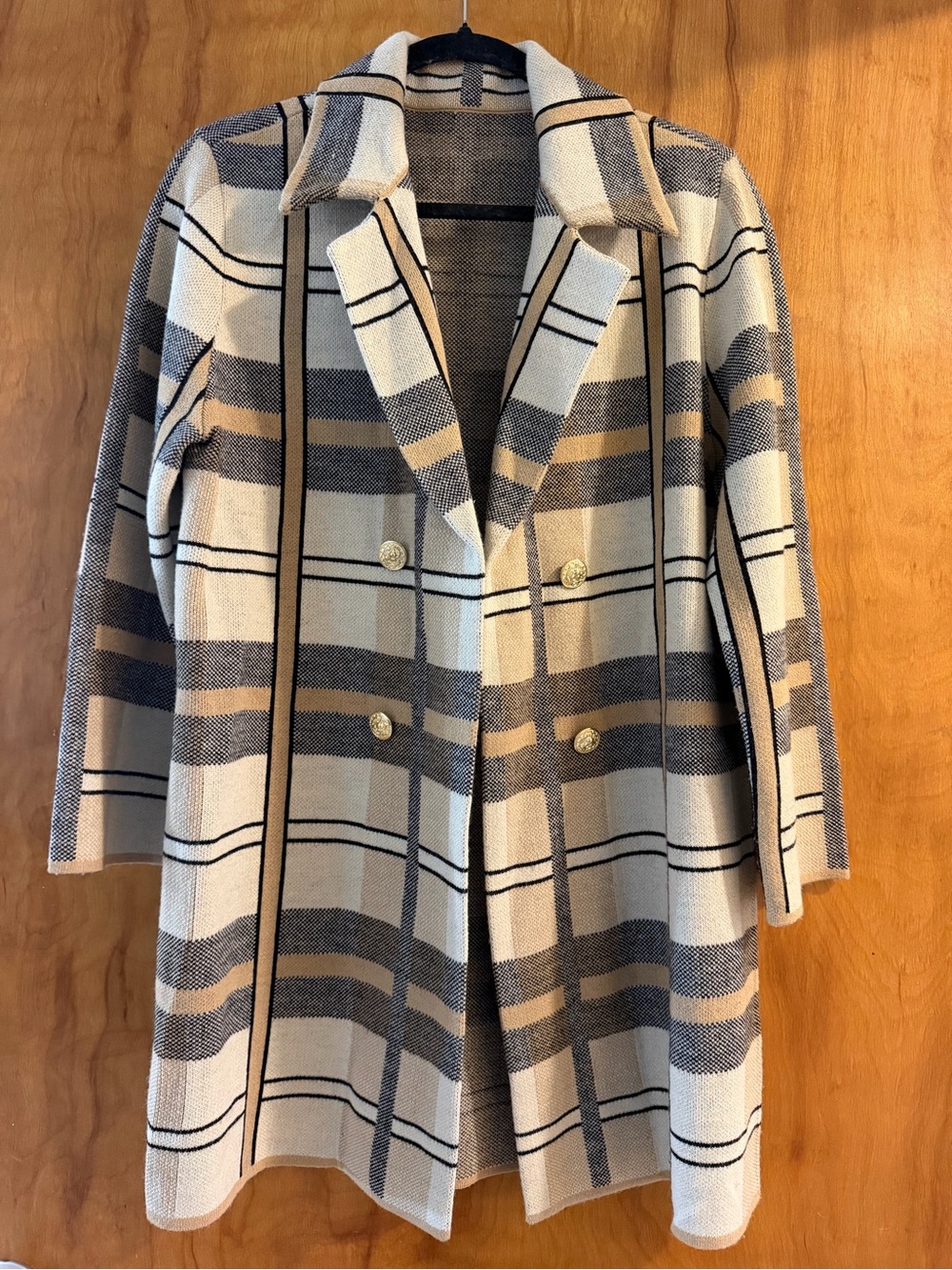 Plaid Double-Breasted Women's Coat in Cream and Tan